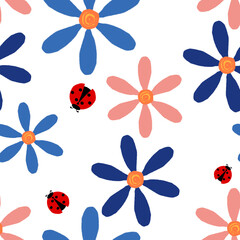 Flowers and ladybug. Seamless floral pattern on a white background.