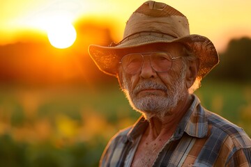 Elderly Farmer in a Field at Sunset