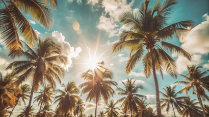 The image shows a view of the sky through a canopy of palm trees. 