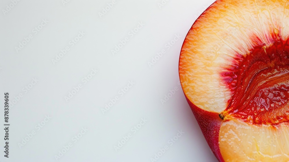 Poster smooth skinned nectarine slice without pit on white background with space for text close up view