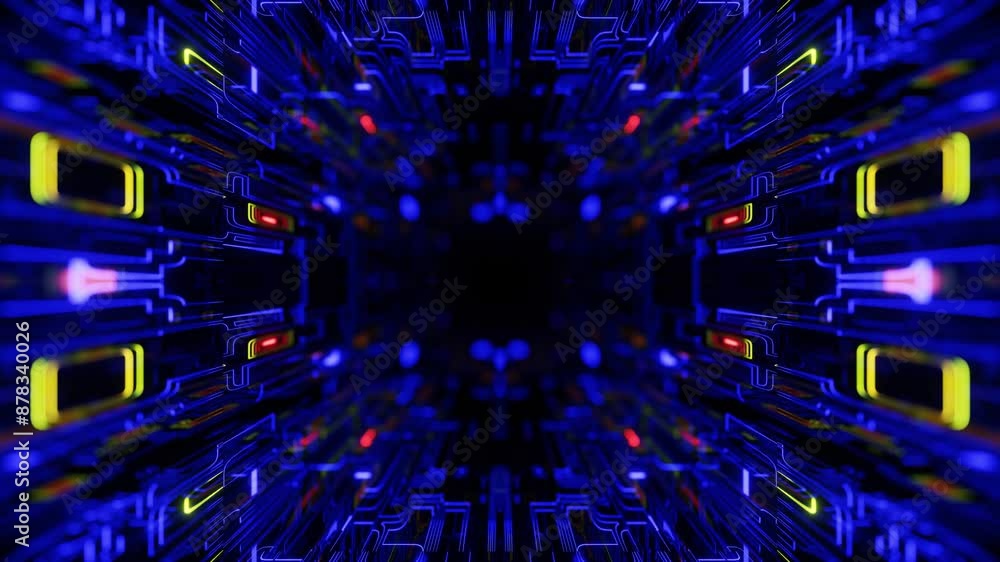 Poster 4k seamless looped animation. fly through mirror symmetrical tunnel with neon pattern, sci fi glow p