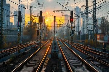 Urban Railway Tracks at Sunset with City Skyline in the Background