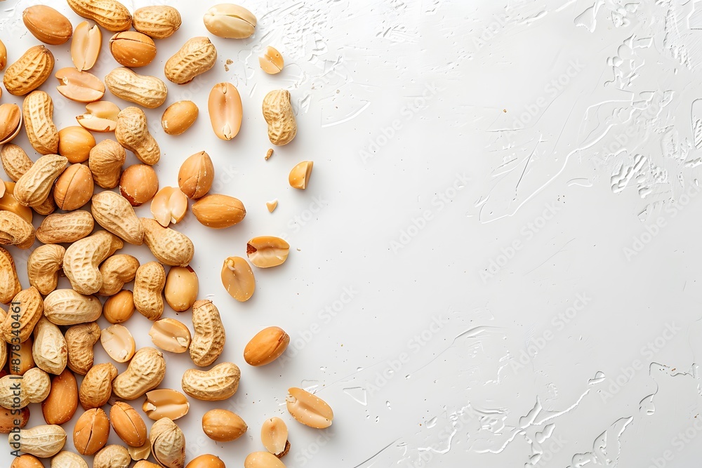 Poster Peanuts in Shell and Shelled Peanuts on a White Textured Background