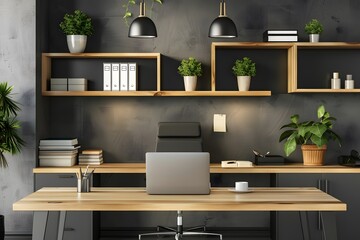 Modern Office Desk with Wooden Shelves and Plants