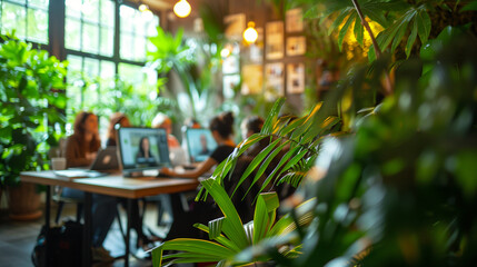 Professional shot of a video call on a laptop screen, set in a minimal and clean workspace.

