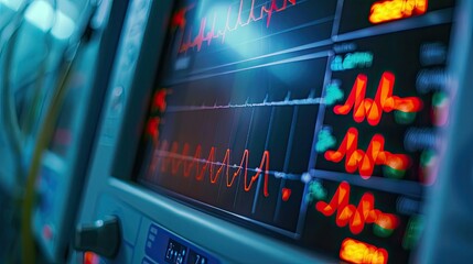 Close-up of an ECG machine displaying heart activity on a screen