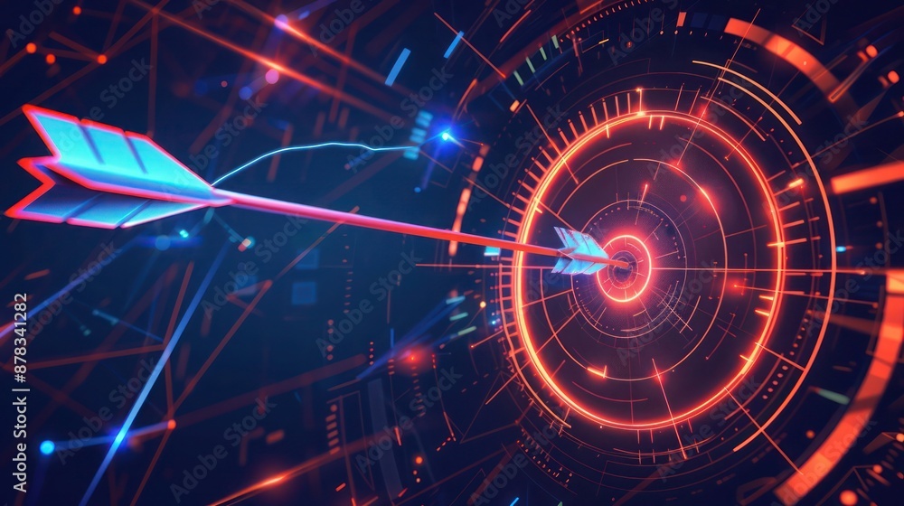 Poster digital bullseye struck by a glowing arrow, with shimmering neon lines and abstract tech-inspired ba