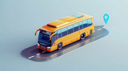 3d realistic bus render illustration with route dashed line and pins geo tags, modern public transport concept car