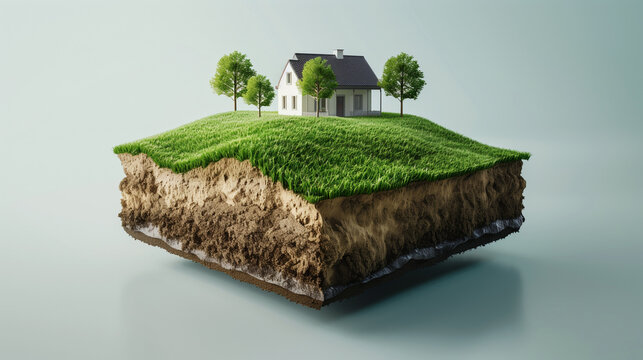 Plot of land to buy, sell. Plot of land with house 3D illustration