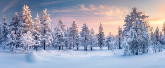 A tranquil snowy forest at dusk, the trees covered in a blanket of white, and the sky tinged with the colors of the setting sun.