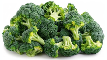 A pile of fresh green broccoli florets isolated on white background