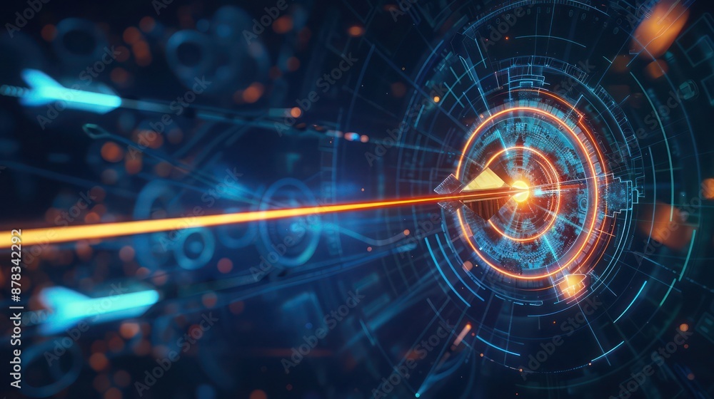 Poster futuristic target hit by a precise, luminous arrow with swirling holograms and intricate digital tex
