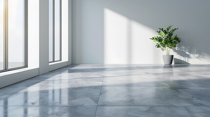 A vacant office space with polished concrete floors and pristine white walls, devoid of furnishings, featuring a large, clear window on the left side.