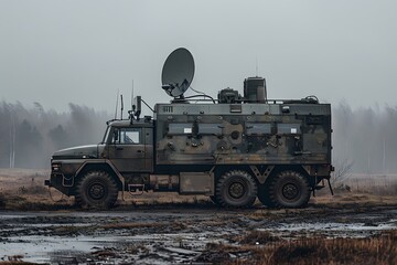 Fototapeta premium Military Communication Vehicle in a Foggy Field
