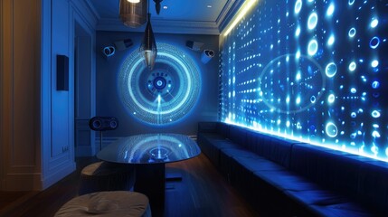 Fototapeta premium A chic dining space with interactive LED wallpaper that responds to music and a table with built-in speakers for ambient sound