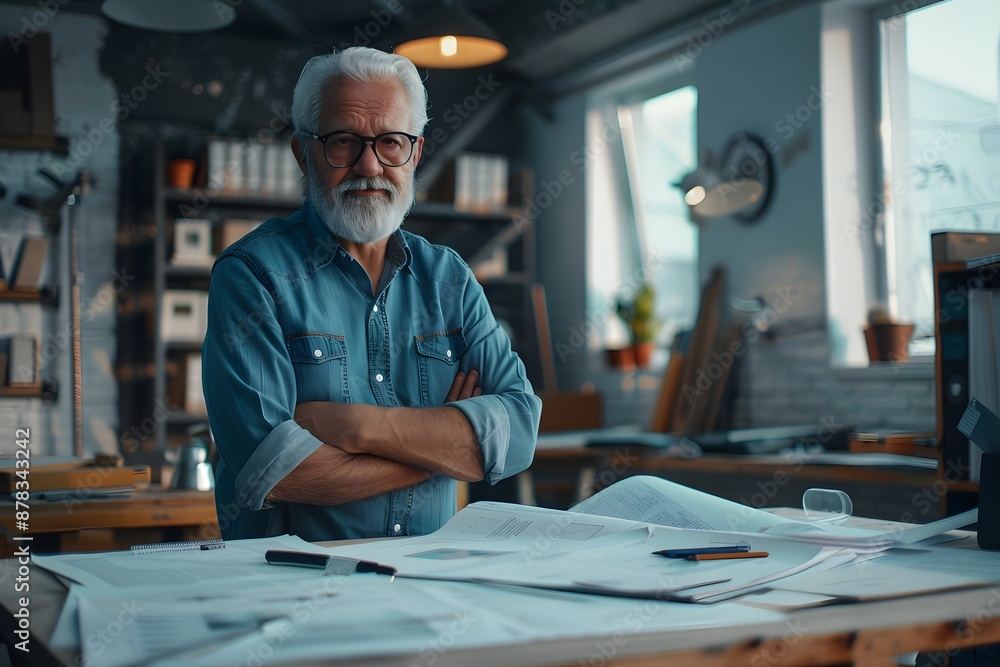 Poster experienced architect in a modern studio surrounded by blueprints