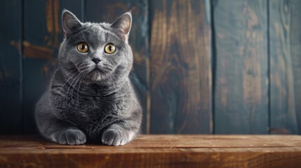Adorable Gray Cat Resting Indoors on Wooden Surface