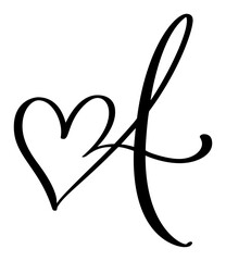 Vector Vintage heart letter monogram logo A. Love Calligraphy element Valentine flourish. Hand drawn sign for page decoration design illustration, wedding card, invitation
