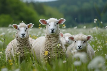 Fototapeta premium Curious Sheep Grazing in a Lush Meadow