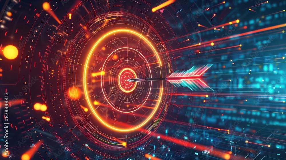 Poster high-tech bullseye with a neon arrow in the center, surrounded by abstract digital patterns and glow