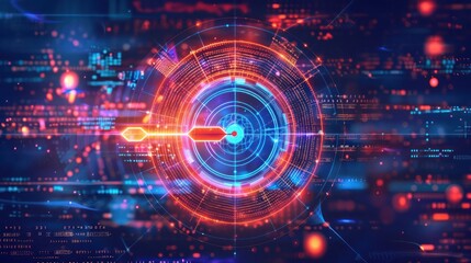 High-tech bullseye with a neon arrow in the center, surrounded by abstract digital patterns and glowing data