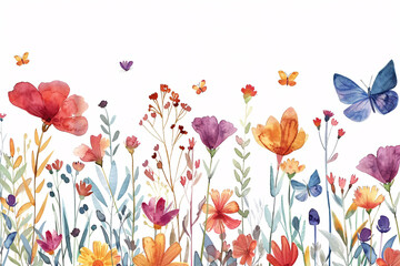 A vibrant watercolor painting of flowers and butterflies creating a lively and colorful nature scene with a white background