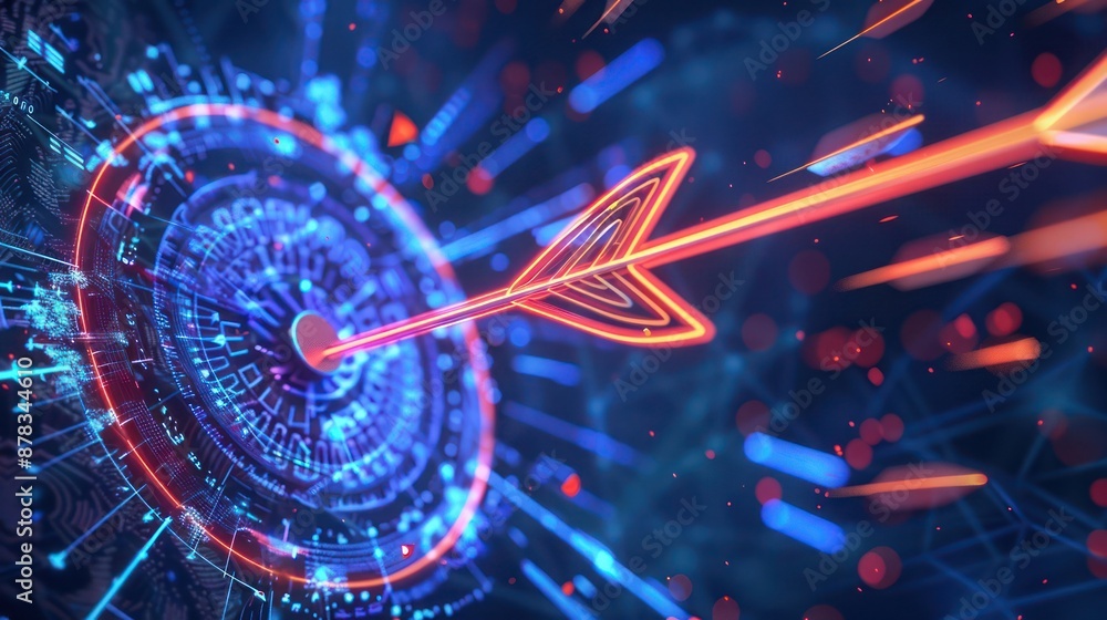 Poster neon arrow hitting the center of a virtual target with dynamic, holographic effects and intricate di