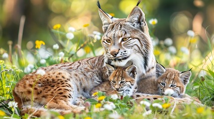 Fototapeta premium Lynx cub and mother on the grass and flowers