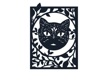 Cat with Leaves Card Paper Cut Vector