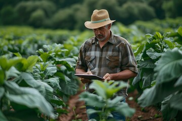 Farmer Inspecting Crops in a Lush Green Field