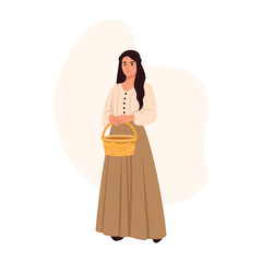 Vector illustration of a beautiful peasant girl.Cartoon scene of a medieval village girl holding a wicker basket, wearing a shirt with puffy sleeves, a brown long skirt isolated on a white background.