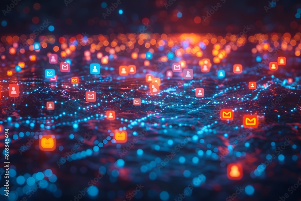 Poster digital network with glowing icons representing social connections and communication