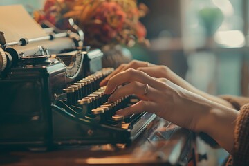 vintage-toned image of a writer typing on a typewriter, focusing on the hands and the keys with a softly blurred background