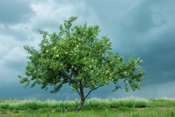Obraz premium A vibrant green apple tree shines brightly under a cloudy sky in a lush green field, adorned with small flowers amidst its dense foliage, hinting at the fruits to come