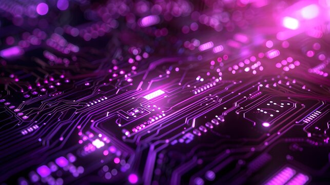 Sleek purple motherboard design featuring luminous trails and circuits, evoking a sense of speed and digital progress. with space for text.