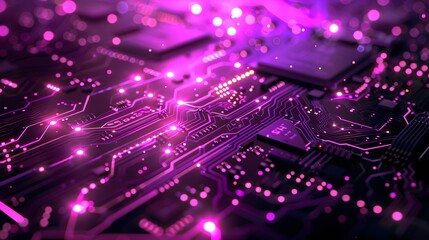 Fototapeta premium Sleek purple motherboard design featuring luminous trails and circuits, evoking a sense of speed and digital progress. with space for text.