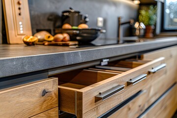 Modern Kitchen with Wooden Cabinets and Open Drawers