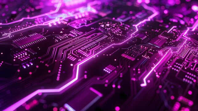 Sleek purple motherboard design featuring luminous trails and circuits, evoking a sense of speed and digital progress. with space for text.