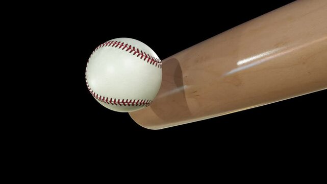 An ultra motion close up of a baseball ball hitting a wooden baseball bat on a dark background with alpha mask