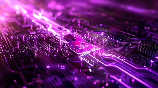 Sleek purple motherboard design featuring luminous trails and circuits, evoking a sense of speed and digital progress. with space for text.