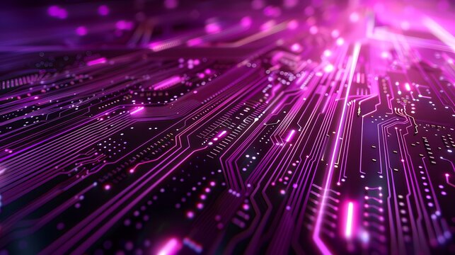 Sleek purple motherboard design featuring luminous trails and circuits, evoking a sense of speed and digital progress. with space for text.