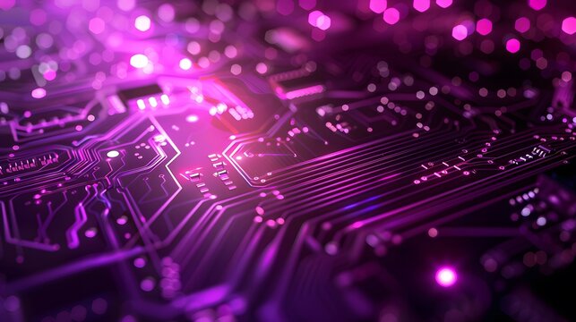 Sleek purple motherboard design featuring luminous trails and circuits, evoking a sense of speed and digital progress. with space for text.