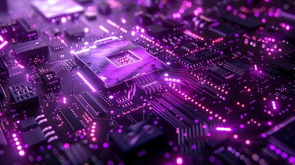 Obraz premium Sleek purple motherboard design featuring luminous trails and circuits, evoking a sense of speed and digital progress. with space for text.