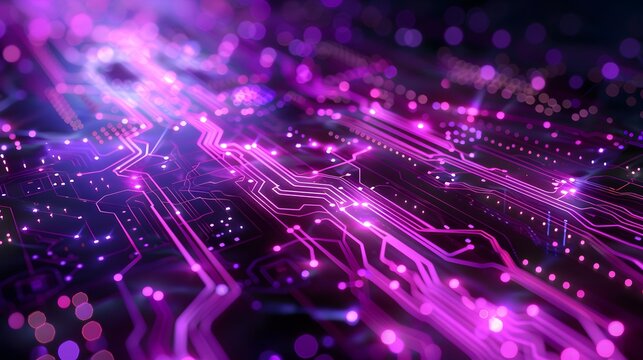Sleek purple motherboard design featuring luminous trails and circuits, evoking a sense of speed and digital progress. with space for text.