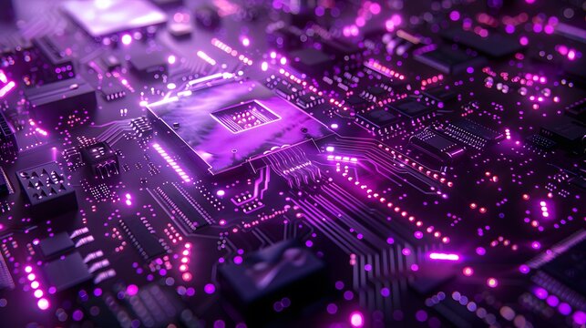 Sleek purple motherboard design featuring luminous trails and circuits, evoking a sense of speed and digital progress. with space for text.