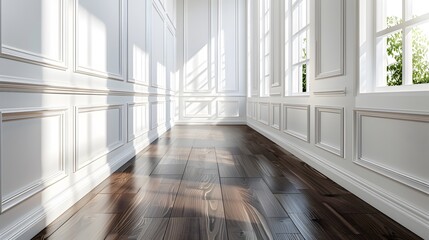 Fototapeta premium Spacious interior showcasing bright white walls with elegant white baseboards, white wainscoting along the walls for a textured look, and a glossy dark walnut wooden floor.