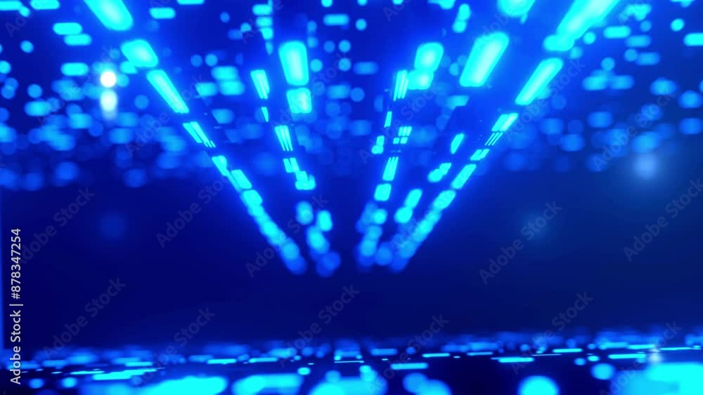 Poster flight through hi-tech technology tunnel with camera shake. neon light and fog, sci-fi constructions
