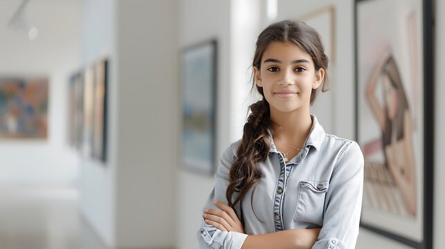A student visiting a museum, standing in front of an exhibit with a thoughtful expression, showing the learning and cultural exploration experience. Copy space for text, focus cover all aspects, deep
