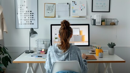 A detailed view of a student at a desk in their bedroom, organizing study materials and preparing for the day ahead, with a neat and inspiring workspace. Copy space for text, focus cover all aspects,