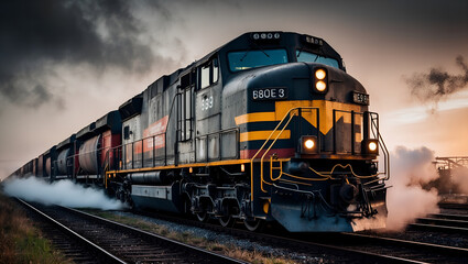 Fototapeta premium Industrial-Logistic Train at Dawn: Cinematic Grandeur